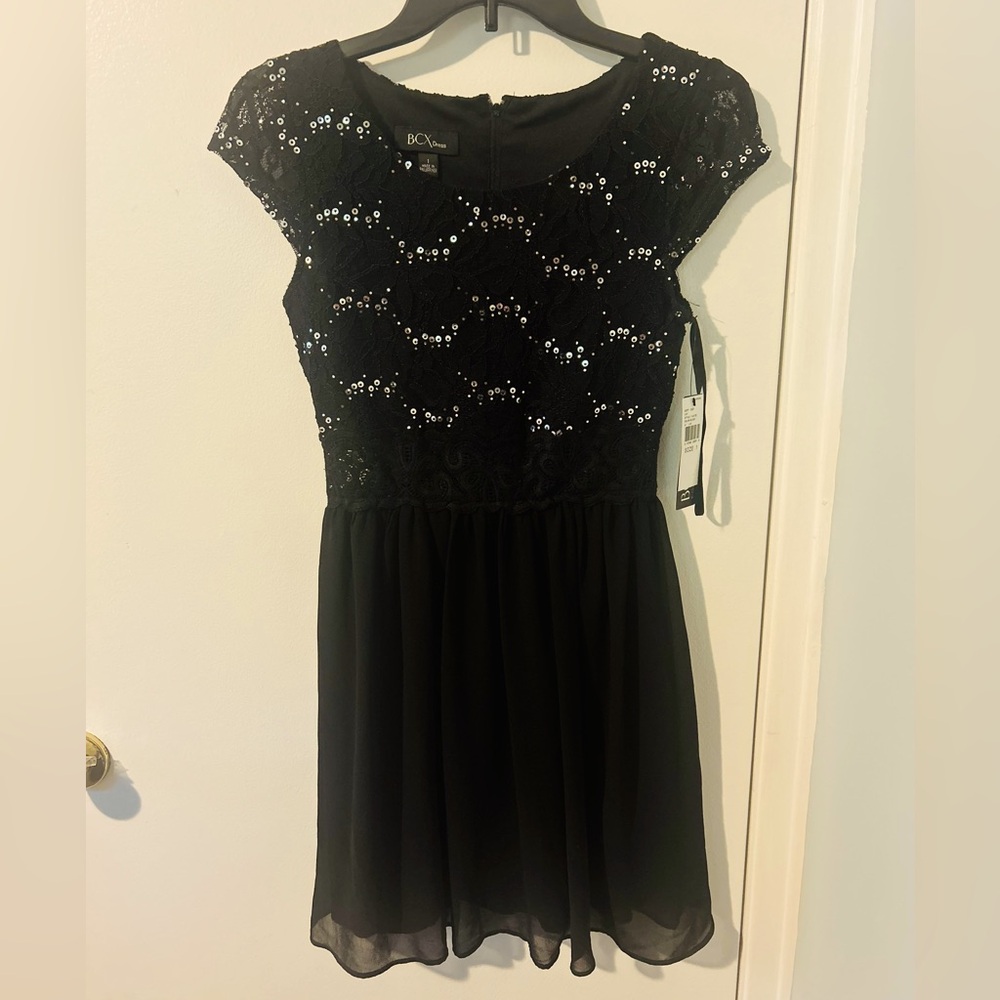BCX Junior Black Sequin Lace Cap Sleeve Dress, Size 1